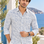 Mediterranean Blue Leaf Print Cotton Shirt