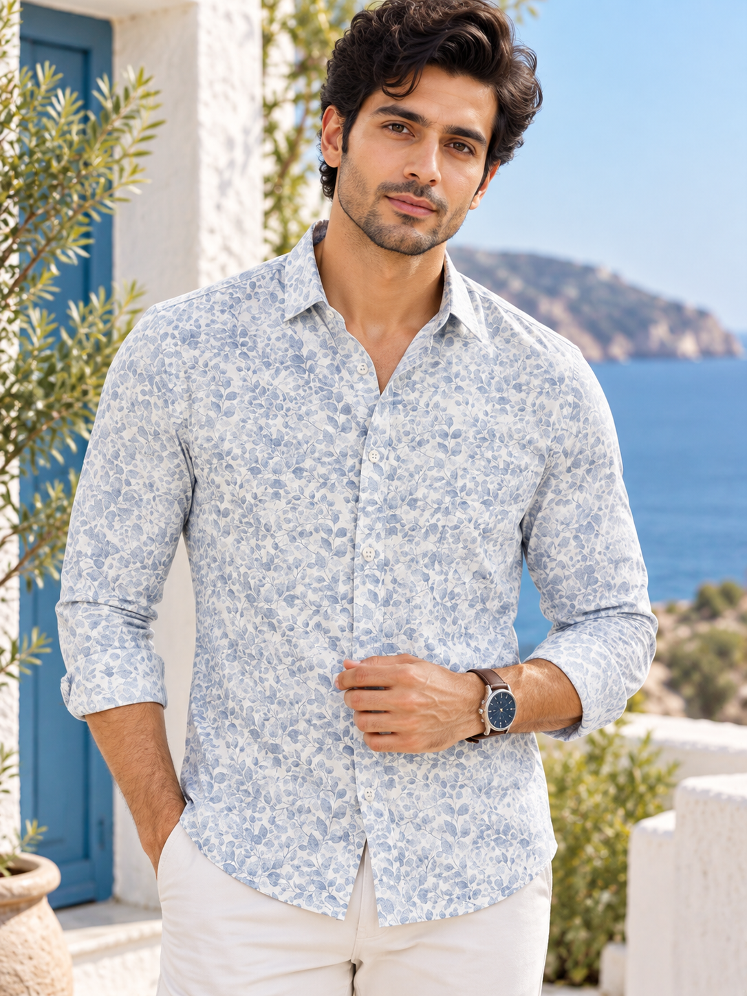 b83d66d7-916a-49c6-839e-6bc6717968b0 Mediterranean Blue Leaf Print Cotton Shirt - Image 1