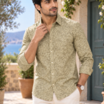 Sage Green Botanical Print Long-Sleeve Cotton Shirt