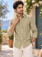 Sage Green Botanical Print Long-Sleeve Cotton Shirt