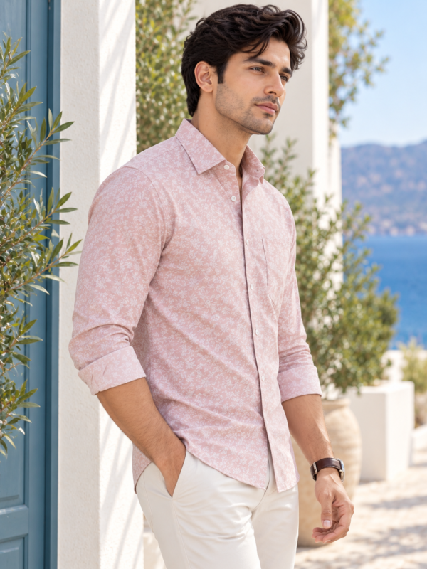 Men's Soft Blush Floral Print Long Sleeve Button-Down Shirt - Image 2