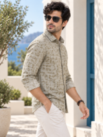 Sage Green Geometric Floral Print Linen-Blend Shirt - Image 2