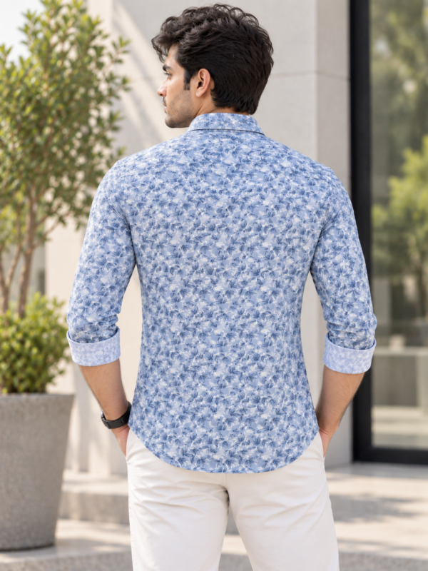 Men's Modern Blue Botanical Print Long Sleeve Shirt - Image 4
