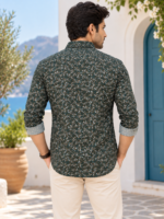 Men's Forest Green Botanical Print Long Sleeve Casual Shirt - Image 4
