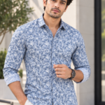Men's Modern Blue Botanical Print Long Sleeve Shirt