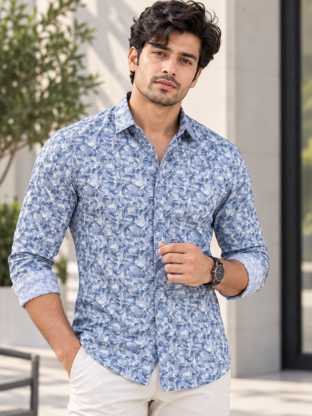 ce0e985e-dbe8-49e2-b62d-9abf81f4dab9 Men's Modern Blue Botanical Print Long Sleeve Shirt - Image 1