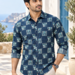Men's Navy Geometric Print Casual Button-Down Shirt