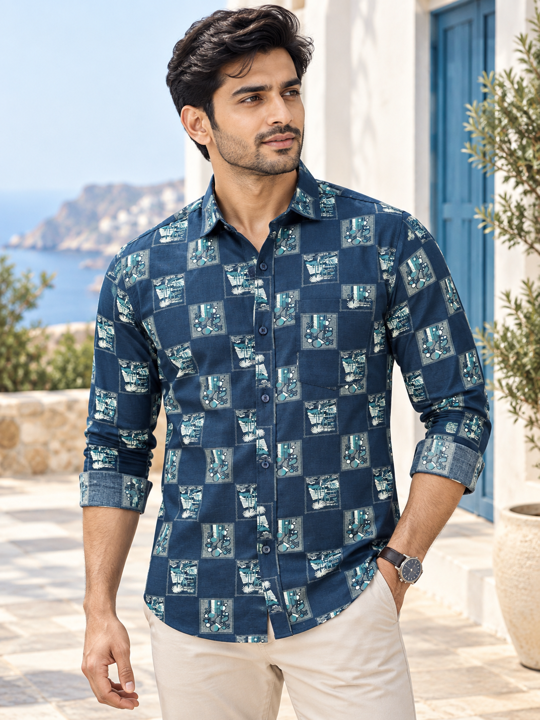 ce64cc28-5934-480d-af6d-1ac890d22786 Men's Navy Geometric Print Casual Button-Down Shirt - Image 1