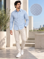 Men's Light Blue Geometric Print Long Sleeve Casual Shirt - Image 3