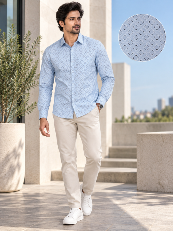 Men's Light Blue Geometric Print Long Sleeve Casual Shirt - Image 3