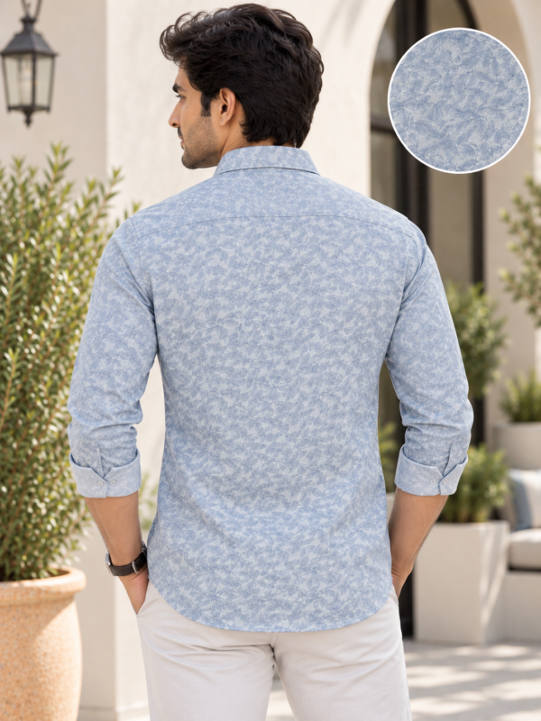 Men's Light Blue Leaf Print Slim-Fit Casual Shirt - Image 4