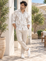 Men's Beige Floral Print Linen-Blend Casual Shirt - Image 3