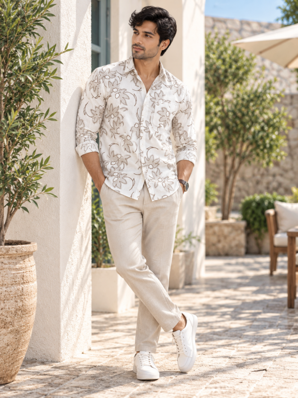 Men's Beige Floral Print Linen-Blend Casual Shirt - Image 3