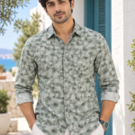 Sage Green Floral Print Long-Sleeve Cotton Shirt