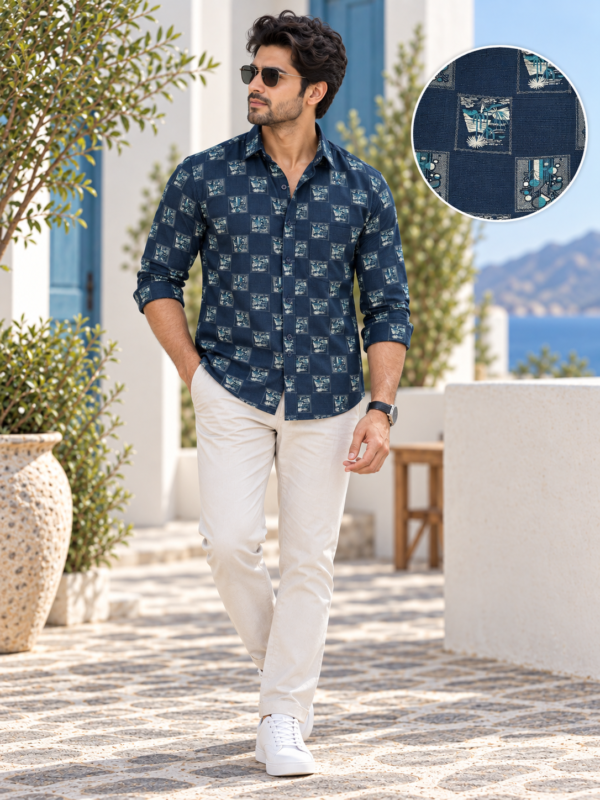 Men's Navy Geometric Print Casual Button-Down Shirt - Image 3