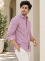 Dusty Rose Men's Leaf Print Cotton Button-Down Shirt - Image 2