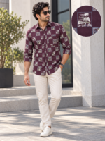 Burgundy Vintage-Print Long Sleeve Casual Shirt - Image 2