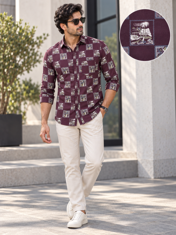 Burgundy Vintage-Print Long Sleeve Casual Shirt - Image 2