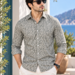 Men's Sage Green Floral Print Long-Sleeve Cotton Shirt