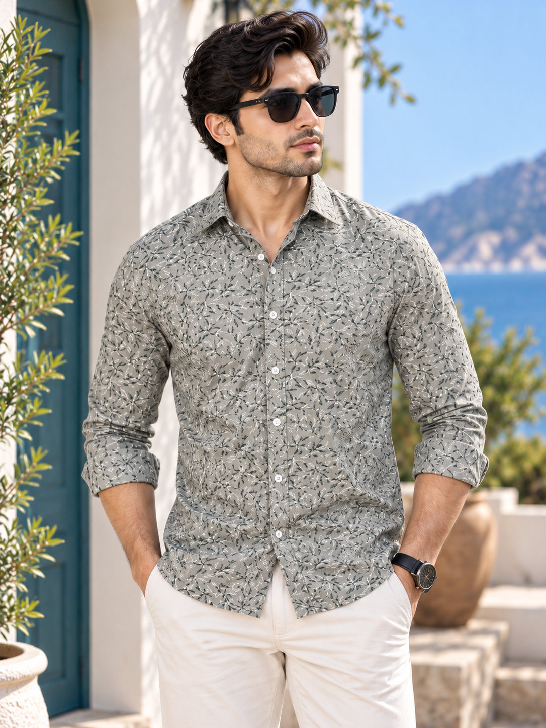e819ead2-0926-4ed8-b3ca-a00939b94e57-2 Men's Sage Green Floral Print Long-Sleeve Cotton Shirt - Image 1