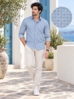 Azure Mediterranean Print Men's Casual Long-Sleeve Shirt - Image 3