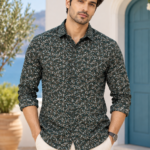 Men's Forest Green Botanical Print Long Sleeve Casual Shirt