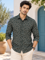 Men's Forest Green Botanical Print Long Sleeve Casual Shirt