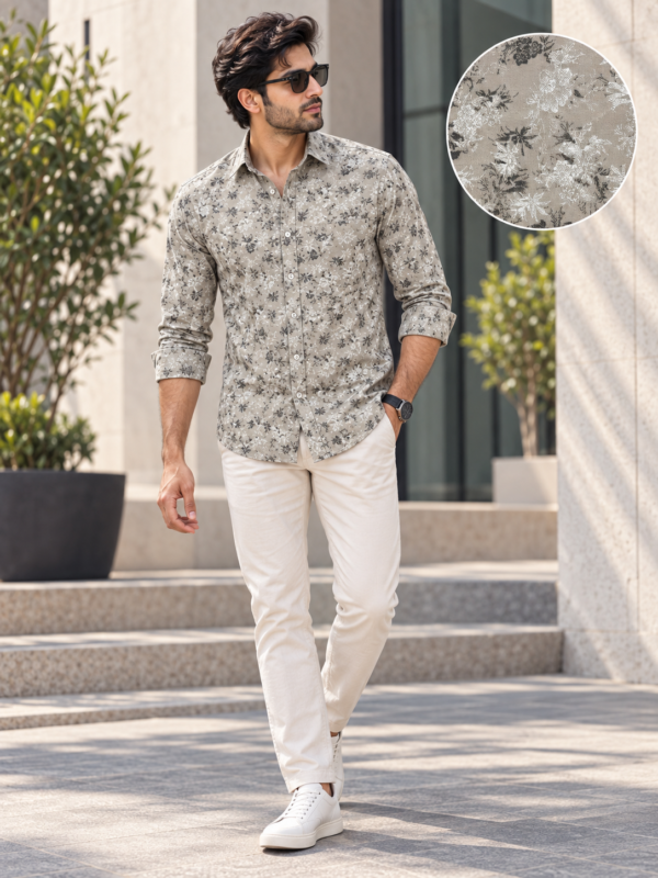 Men's Premium Sand Floral Print Casual Button-Down Shirt - Image 3