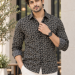 Modern Black Leaf Print Slim-Fit Casual Shirt