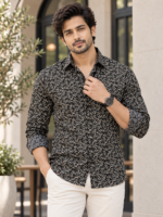Modern Black Leaf Print Slim-Fit Casual Shirt