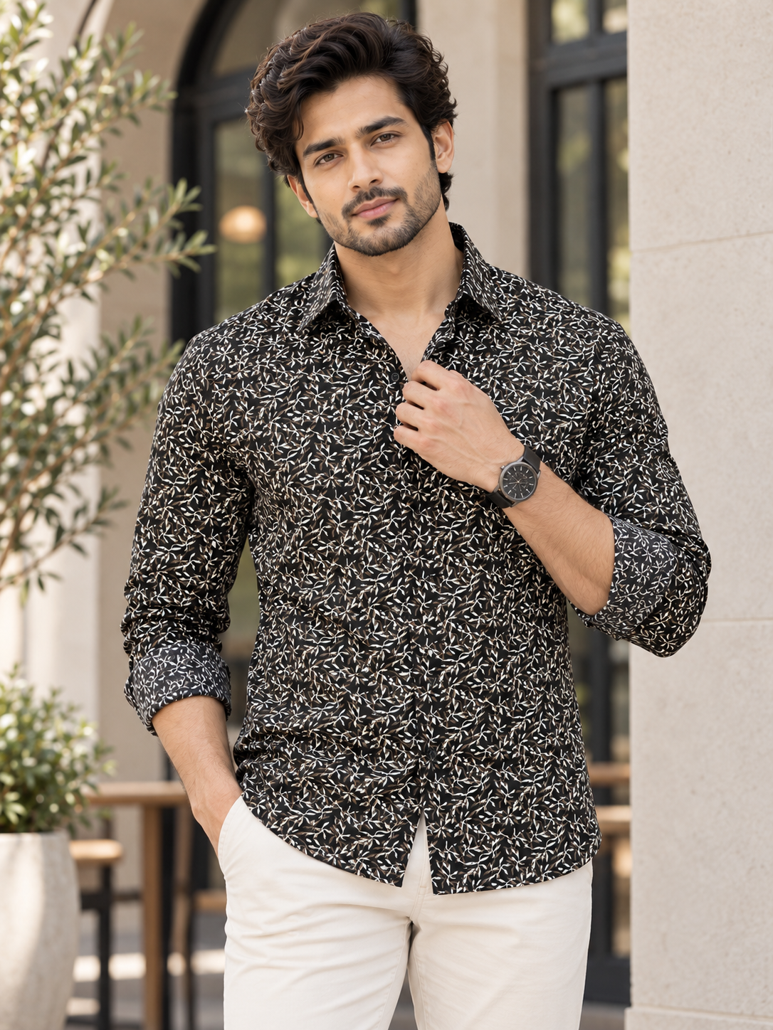 efbf99af-ff95-408a-b65f-8144810ca67f Modern Black Leaf Print Slim-Fit Casual Shirt - Image 1