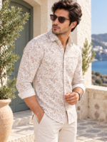 Men's Beige Leaf Print Casual Button-Down Shirt - Image 2