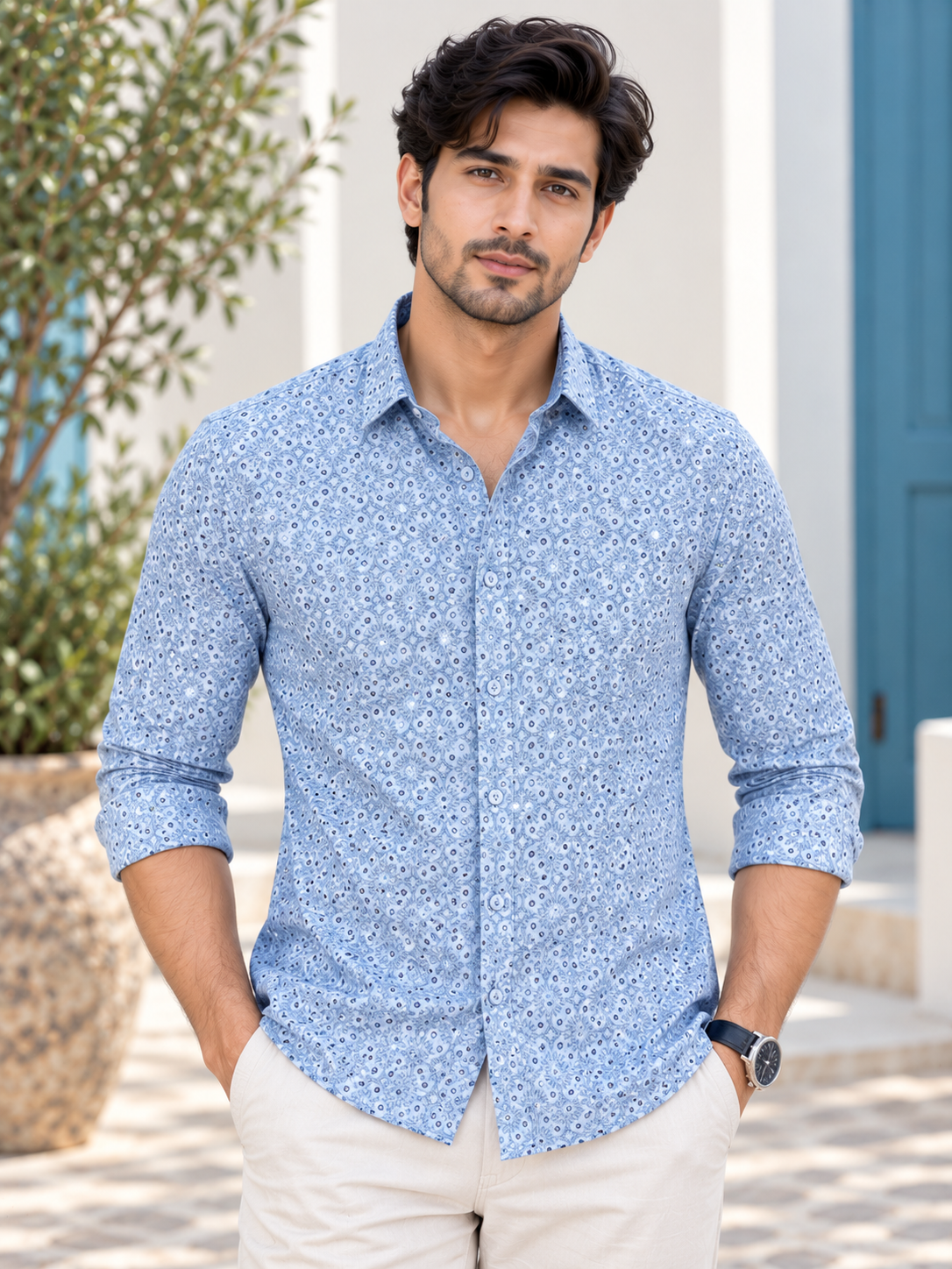 f6911e41-0bd1-4be4-9f27-c5503b14d930 Azure Mediterranean Print Men's Casual Long-Sleeve Shirt - Image 1