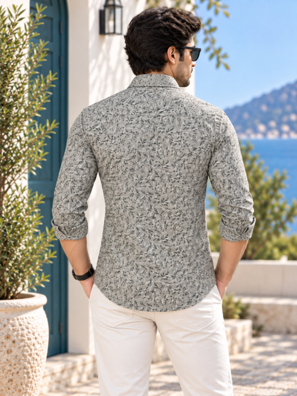 Men's Sage Green Floral Print Long-Sleeve Cotton Shirt - Image 4