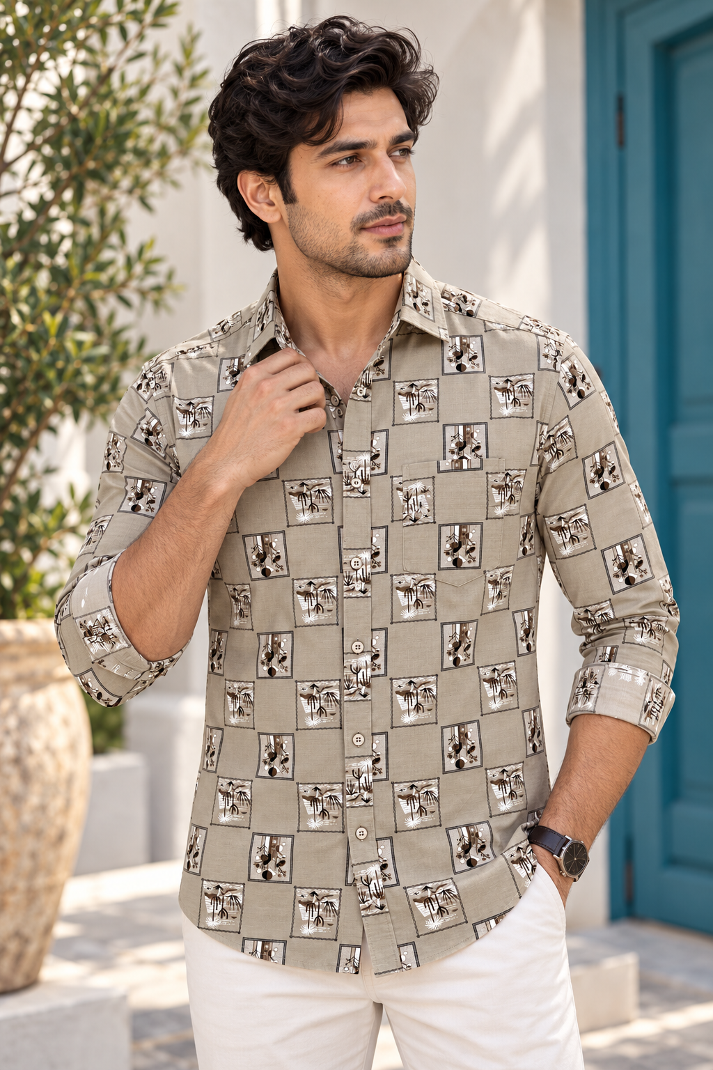 f9ff5b95-909e-499c-9373-a98482a2d600 Men's Desert Palm Print Khaki Casual Shirt - Image 1