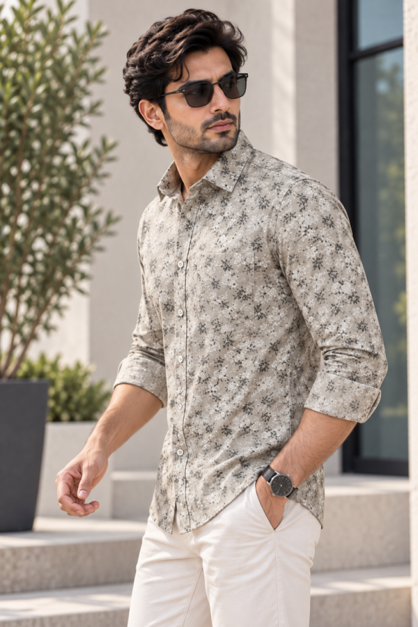 Men's Premium Sand Floral Print Casual Button-Down Shirt - Image 2