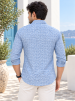 Azure Mediterranean Print Men's Casual Long-Sleeve Shirt - Image 4