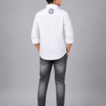 Boys Crisp White Casual Button-Down Shirt with Graphic Back Detail