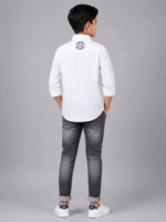 Boys Crisp White Casual Button-Down Shirt with Graphic Back Detail