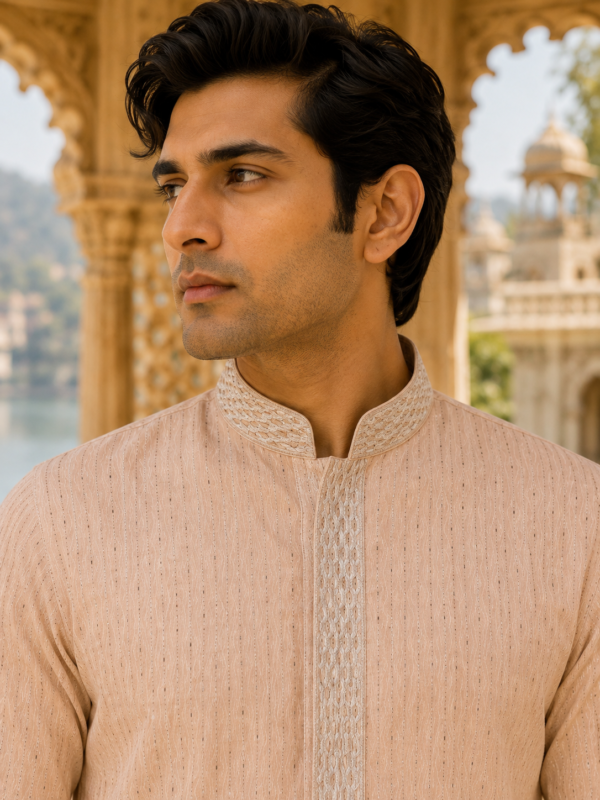 Elegant Blush Peach Embroidered Men's Kurta - Image 3