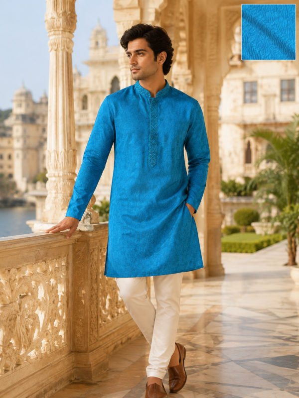 Royal Blue Intricate Self-Jacquard Ethnic Kurta - Image 5