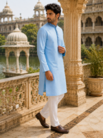 Sky Blue Textured Cotton Ethnic Kurta with Embroidered Placket - Image 4