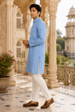 Heritage Sky Blue Textured Cotton Kurta - Image 3
