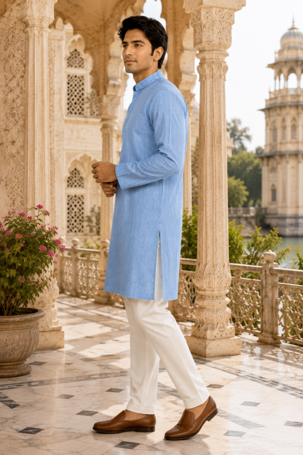 Heritage Sky Blue Textured Cotton Kurta - Image 3