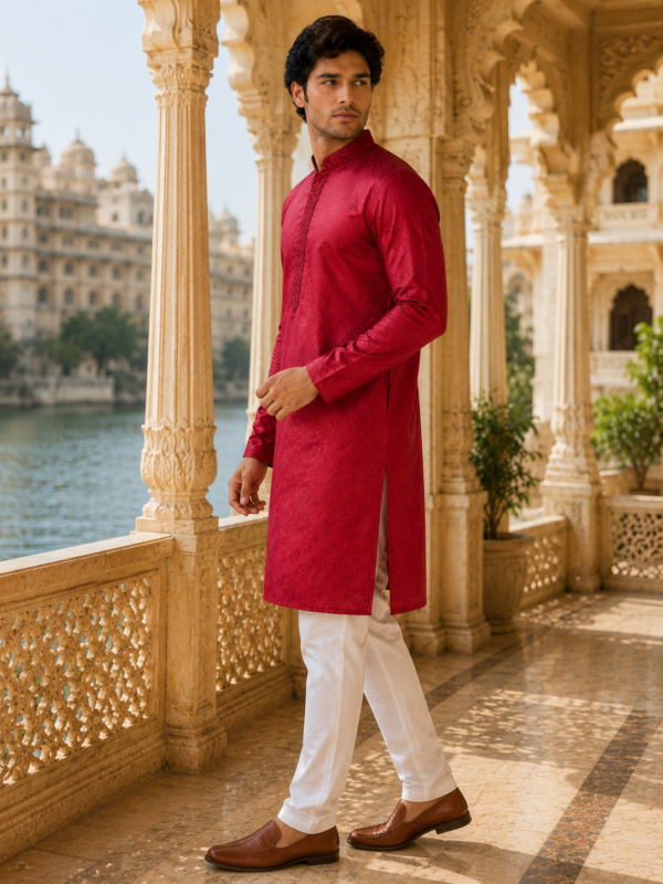 Royal Crimson Jacquard Men's Kurta with White Trousers - Image 2