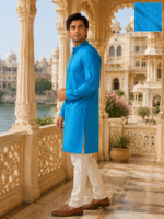 Royal Blue Intricate Self-Jacquard Ethnic Kurta - Image 2