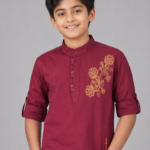 Boys Maroon Embroidered Mandarin Collar Kurta Shirt