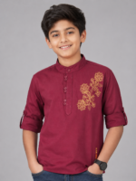 Boys Maroon Embroidered Mandarin Collar Kurta Shirt