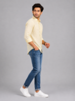 Men's Premium Light Yellow Textured Linen Casual Shirt - Image 2