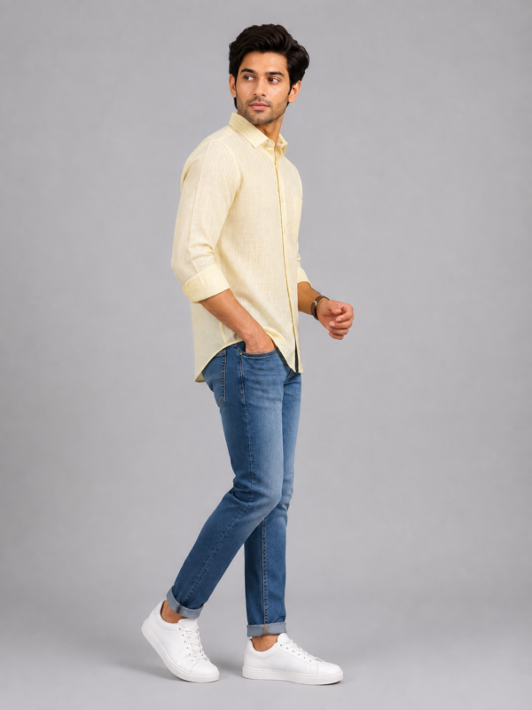 Men's Premium Light Yellow Textured Linen Casual Shirt - Image 2